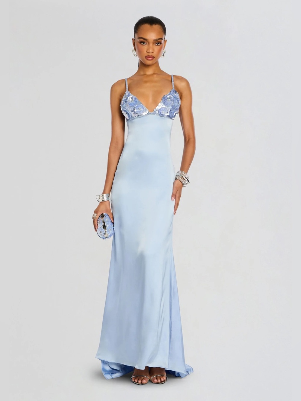 Retrofete Light Blue Satin Slip Gown with Lace Bodice - Picture 3 of 4